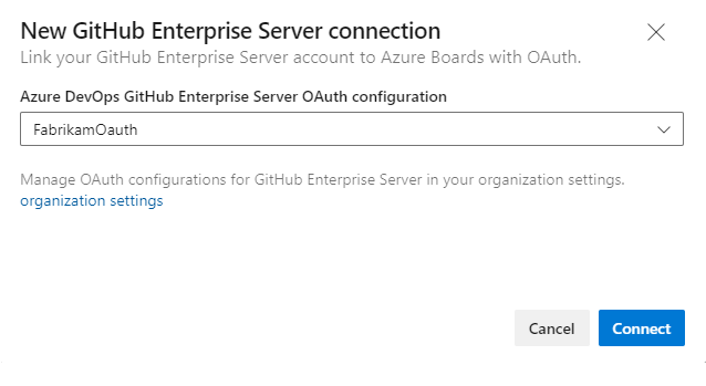 Screenshot of New GitHub Enterprise connection, OAuth connection dialog.
