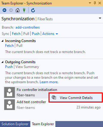 Screenshot eines Commits in der Synchronisierungsansicht von Team Explorer in Visual Studio 2019.