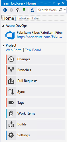 Screenshot von Visual Studio 2019, Team Explorer-Startseite mit Git als Quellcodeverwaltung.