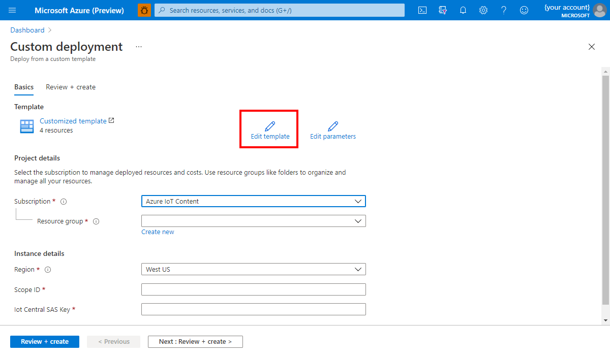 Screenshot that shows the edit template option for an Azure Resource Manager template.