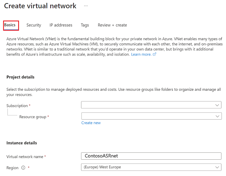Screenshot zeigt die Optionen für „Virtuelles Netzwerk erstellen“.