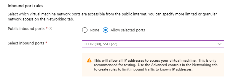 Screenshot: Abschnitt „Regeln für eingehende Ports“, in dem Sie festlegen, an welchen Ports eingehende Verbindungen zulässig sind