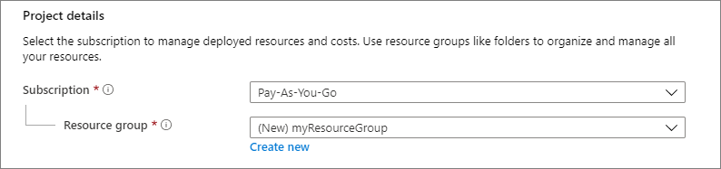 Screenshot: Abschnitt „Projektdetails“, der zeigt, wo Sie das Azure-Abonnement und die Ressourcengruppe für den virtuellen Computer auswählen