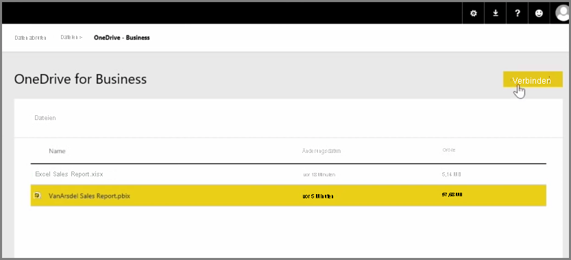 Screenshot von OneDrive for Business beim Auswählen einer PBIX-Datei