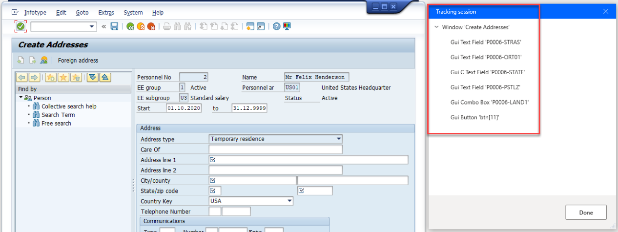 Screenshot des SAP Easy Access-Fensters mit dem Power Automate Desktop-Fenster „Verfolgungssitzung“.