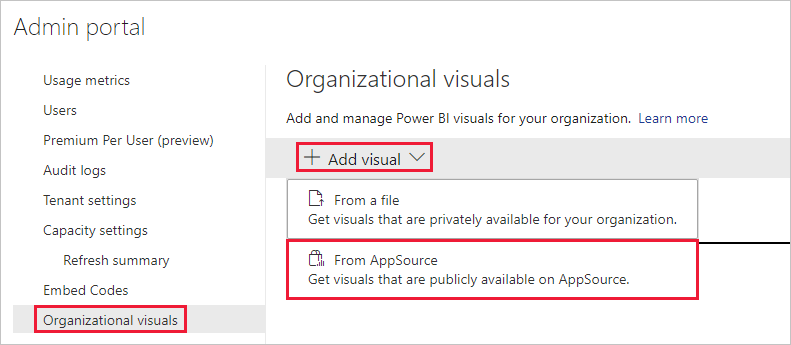 Screenshot: Menü „Organisationsvisuals“ in den Power BI-Administratoreinstellungen. Die Option „Visual hinzufügen“ ist erweitert, und die Option „Aus AppSource“ ist ausgewählt.