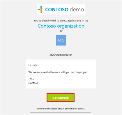 Screenshot der E-Mail-Einladung für Gastbenutzer mit hervorgehobener Schaltfläche „Erste Schritte“