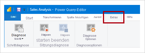 Screenshot of Power Query Editor Tools ribbon tab showing the Diagnose Step command, Start Diagnostics command, and the Stop Diagnostics command.