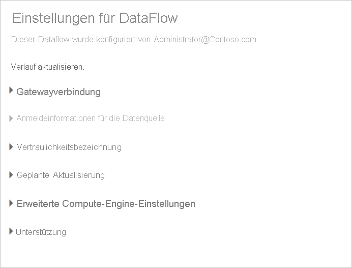 Screenshot der Seite „Einstellungen“ für einen Dataflow nach der Auswahl von „Einstellungen“ in der Dataflowdropdownliste.