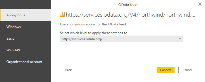 Auswahl von OData-Anmeldeinformationen.