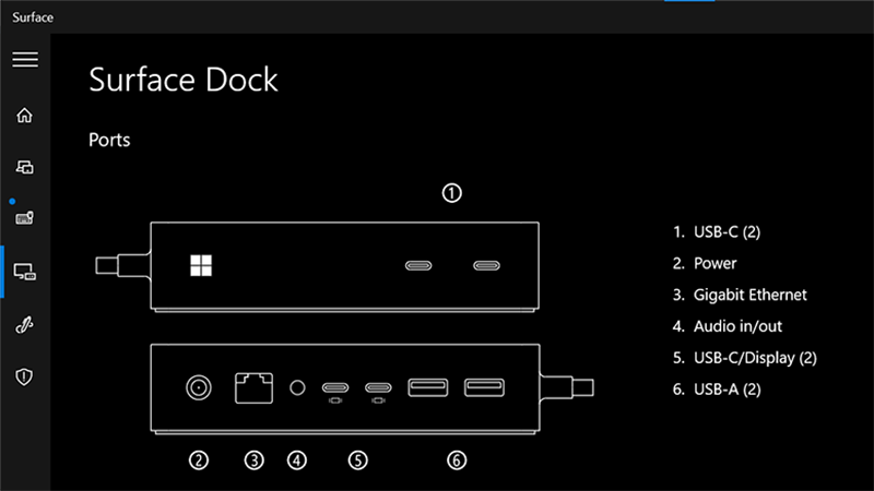 Screenshot, der die Surface-App zeigt, dass alle Ports für authentifizierte Benutzer auf Surface Thunderbolt 4 Dock verfügbar sind.
