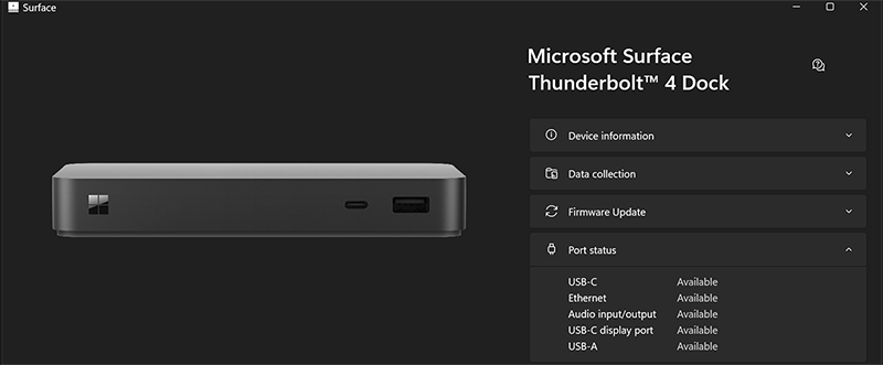 Screenshot: Surface-App zeigt, dass alle Ports für authentifizierte Benutzer auf Surface Dock 2 verfügbar sind.