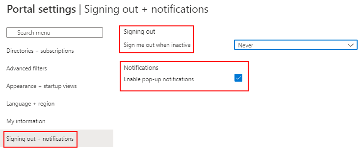 Screenshot: Bereich „Signing out + notifications“ (Abmeldung und Benachrichtigungen)