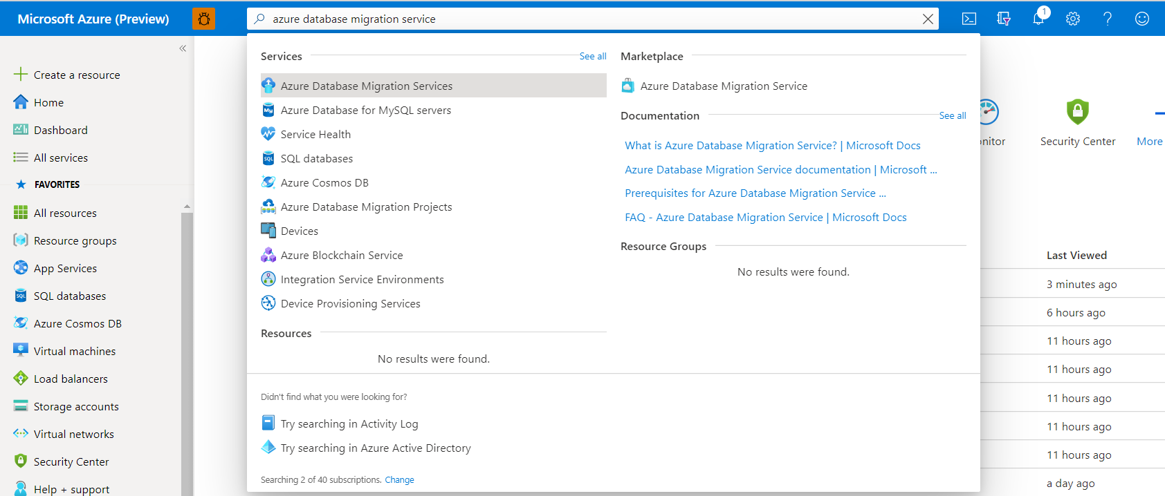 Screenshot: Suchen aller Instanzen von Azure Database Migration Service