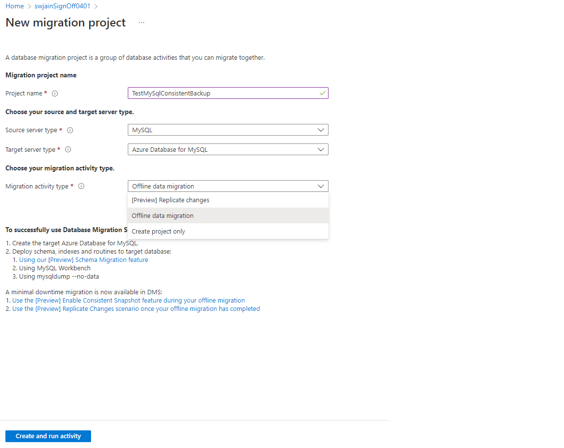 Screenshot: „Neues Migrationsprojekt erstellen“