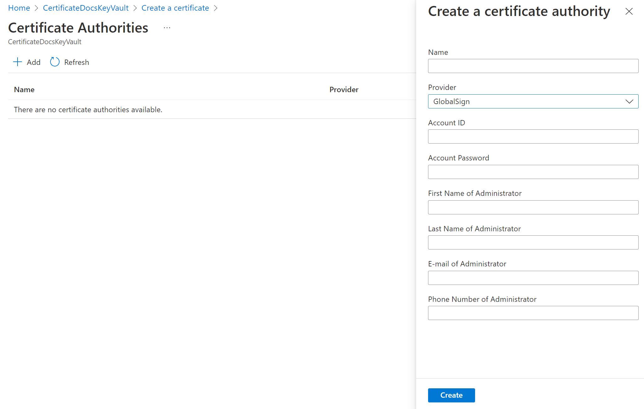 Screenshot der Schaltfläche „Hinzufügen“ auf der Registerkarte „GlobalSign-Zertifizierungsstellen“.