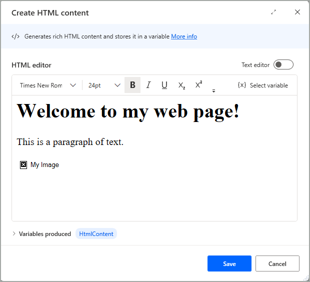 Screenshot der Aktion „HTML-Inhalt erstellen“.