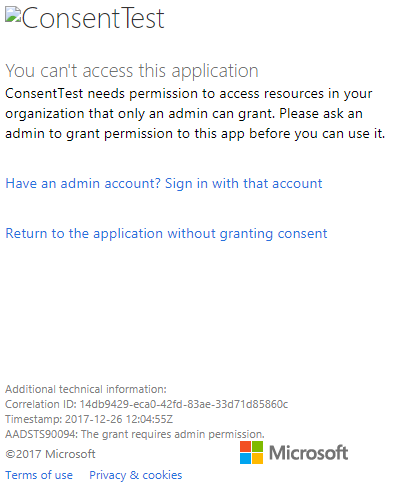 Screenshot des Anmeldedialogs im Azure-Portal Fenster, in dem ein Berechtigungsfehler für den Zustimmungstest angezeigt wird.