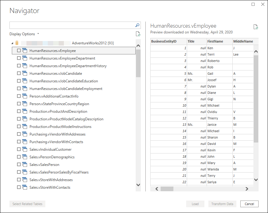 SQL Server-Connector-Navigatorfenster in Power Query Desktop.
