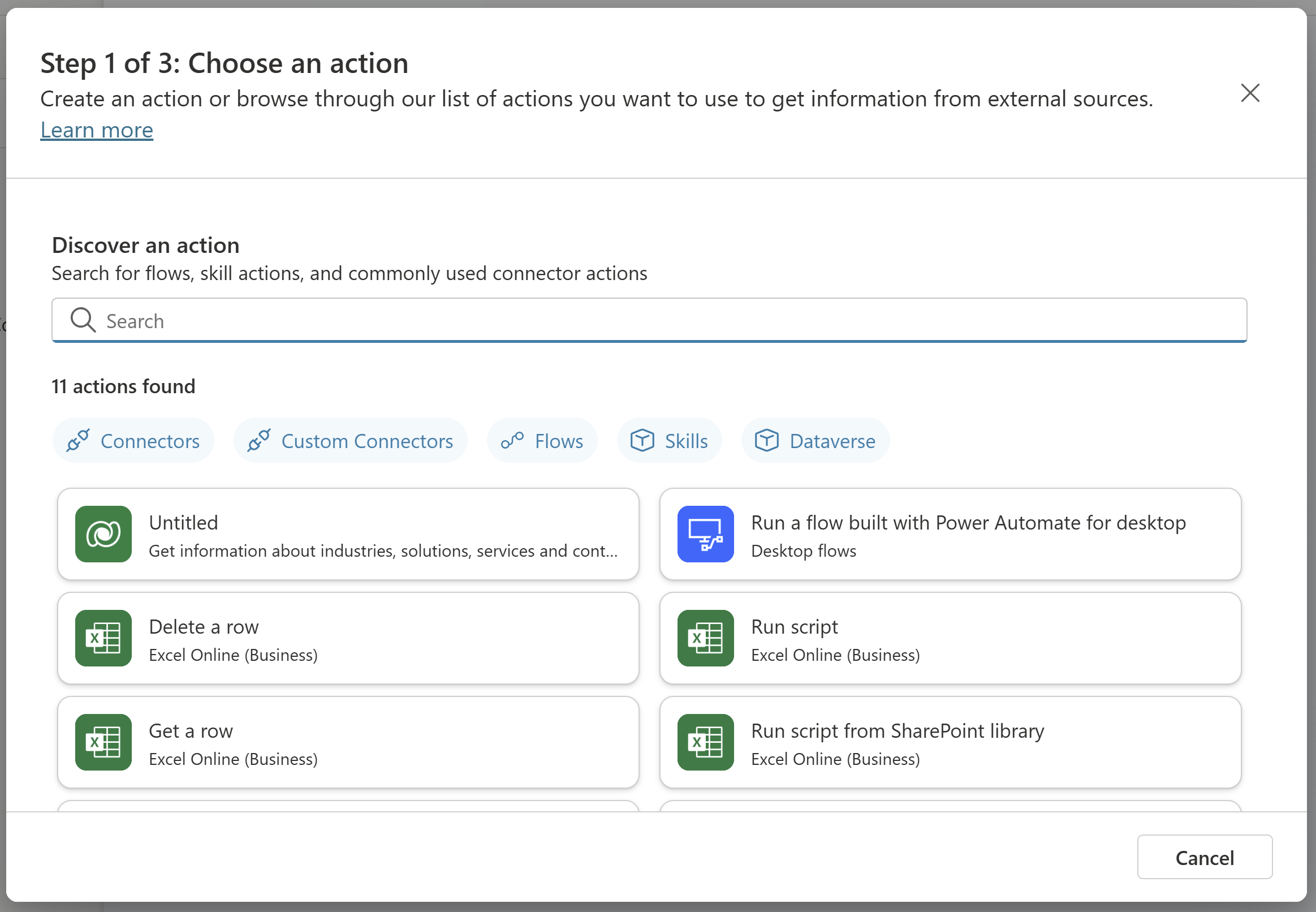 Screenshot der ersten Seite im Plug-In-Aktionsassistenten mit geöffnetem Aktionstypfilter.