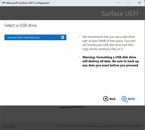 Screenshot: Bildschirm zum Erstellen des UEFI-DFI-Pakets