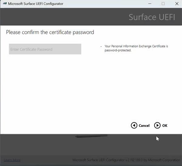 Screenshot: Bildschirm zur Eingabe des Kennworts für den privaten Schlüssel des Zertifikats