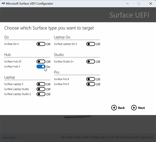 * Wählen Sie Surface Hub 2S oder Surface Hub 3 als Ziel für das UEFI-Konfigurationspaket* aus.