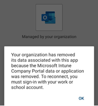 Screenshot: Ihre organization hat die Daten entfernt, die dieser App-Fehlermeldung zugeordnet sind.