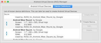 Im Google Emulator Manager angezeigte Wear-Gerätedefinitionen