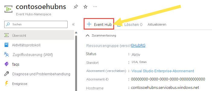 Screenshot: Ausgewählte Schaltfläche „Event Hub hinzufügen“ auf der Befehlsleiste.
