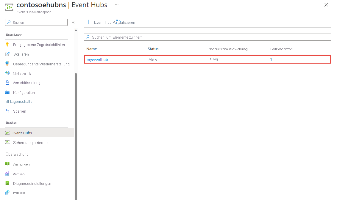 Screenshot: Liste der Event Hubs.