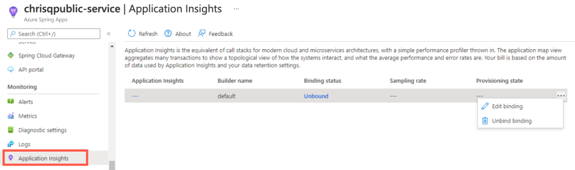 Screenshot des Azure-Portals Azure, der die Azure Spring Apps-Instanz mit der Application Insights-Seite und der Option „Bindung bearbeiten“ zeigt.