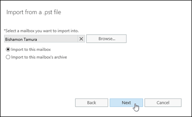 Wählen Sie im Assistenten „Aus PST-Datei importieren' im EAC das Zielpostfach (primär oder Archiv) aus.