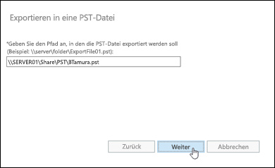 Geben Sie im Assistenten „In PST-Datei exportieren' im EAC die PST-Zieldatei an.