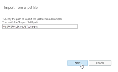 Geben Sie im Assistenten „Aus PST-Datei importieren' im EAC die PST-Quelldatei an.