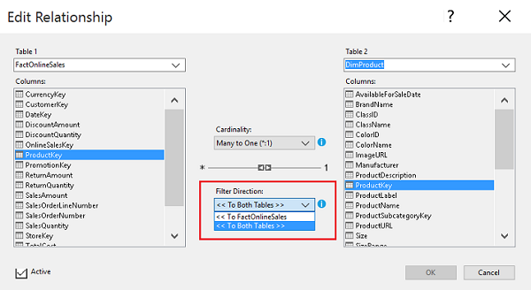 Screenshot of the Edit Relationship dialbo box with the Filter Direction section called out.