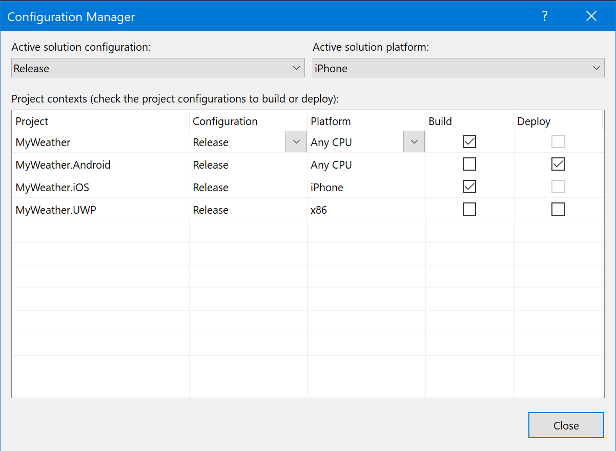 Visual Studio für Windows Configuration Manager Allgemeine Ansicht