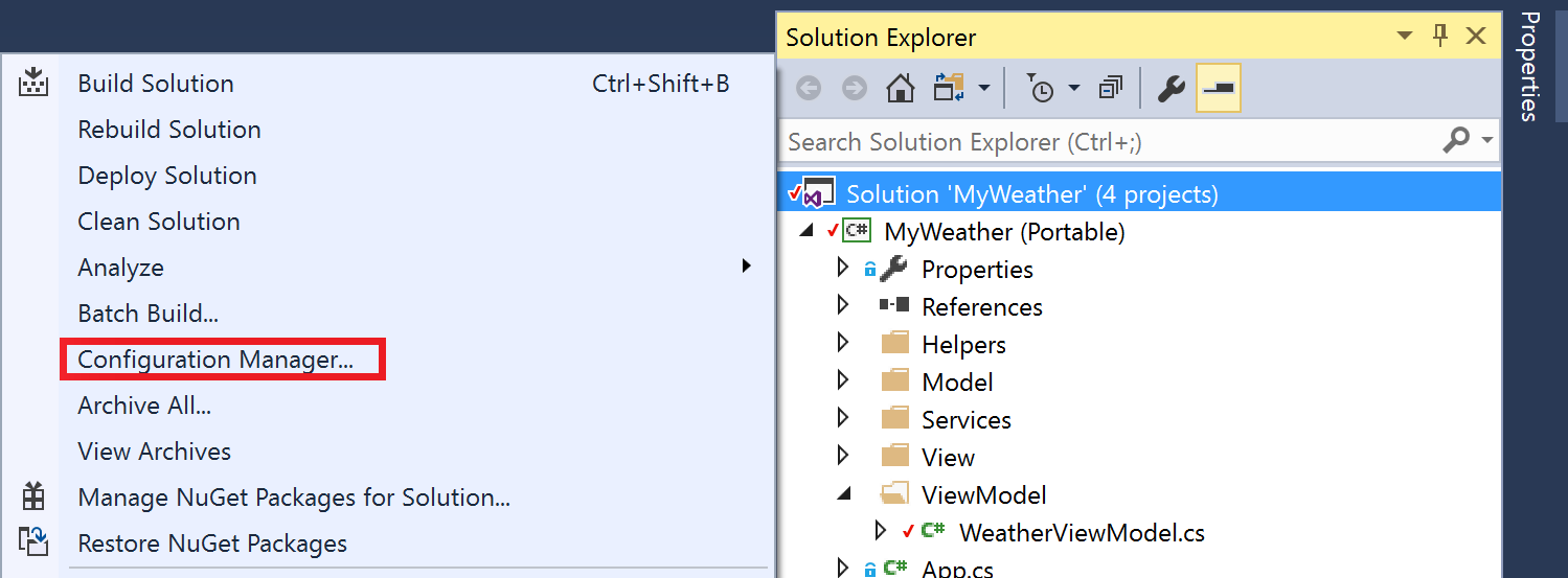 Visual Studio für Windows Projektmappen-Explorer