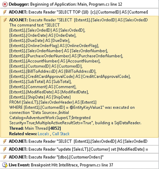 image: A Detailed Select Statement Collected by the Visual Studio 2010 IntelliTrace Feature