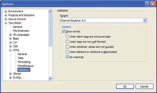 image: You Can Suppress XHTML Validation Errors by Changing the HTML Validation Target to Internet Explorer 6
