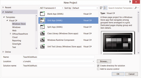 Selecting the Grid App Template in the New Project Window