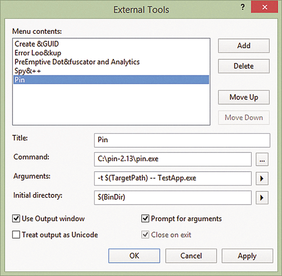 Hinzufügen Visual Studio über das Dialogfeld "externe Tools" Pin