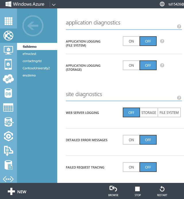 App-Diagnose und Website-Diagnose auf der Registerkarte 