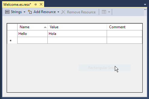 Welcome.es.resx-Datei (die Willkommensressourcendatei für Spanisch) mit dem Wort „Hello“ in der Spalte „Name“ und dem Wort „Hola“ (Hallo in Spanisch) in der Spalte „Wert“