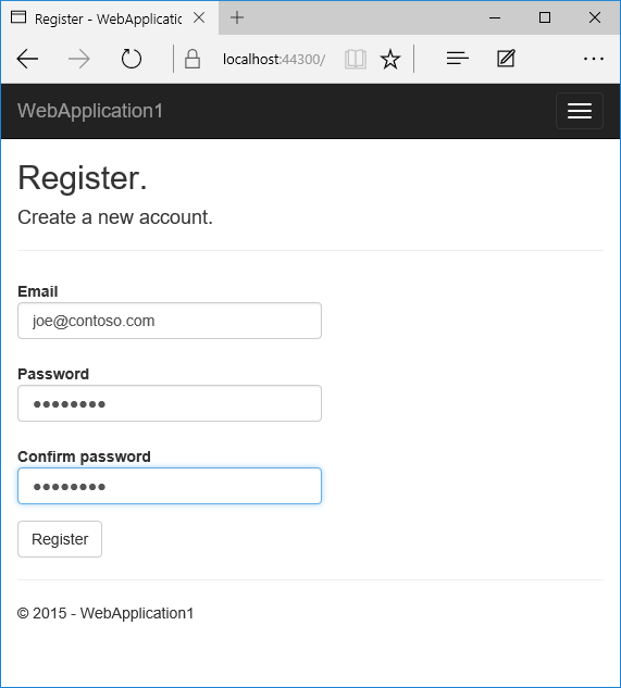 Web application Register view open in Microsoft Edge