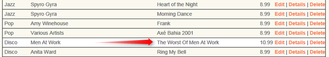 Screenshot der Albumliste mit den neu aktualisierten Werten für das Album, hervorgehoben mit einem roten Pfeil.