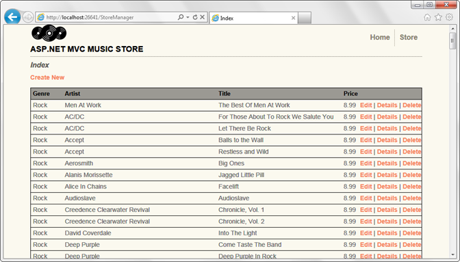 Screenshot des Store-Manager-Index mit einer Liste von Alben im Store mit Links zu Bearbeiten, Details und Löschen.