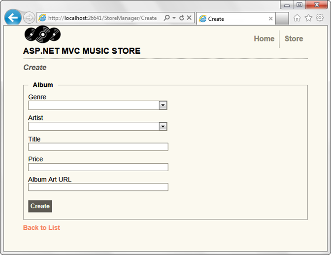 Screenshot des Formulars Erstellen mit den Dropdownlisten Genre und Künstler sowie den Feldern Titel, Preis und Albumart U R L