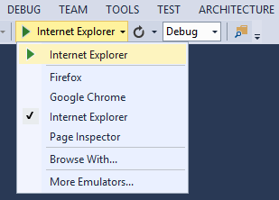 Screenshot von Visual Studio mit hervorgehobenem Pfeilsymbol in der Symbolleiste und im Dropdownmenü mit Browserliste