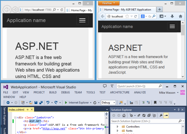 Screenshot eines S P dot Net-Projekts mit einer Anwendung, die in zwei Browsern parallel ausgeführt wird, und einem Projekt, das unten in Visual Studio angezeigt wird.